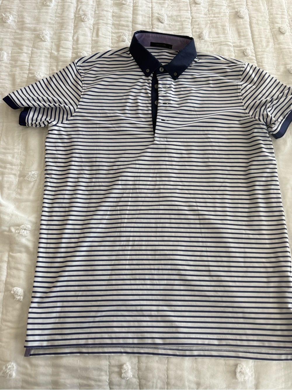 Greyson White and Navy Striped Polo with Contrast Collar